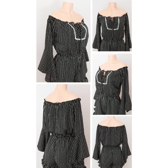 Black Stripe Off Shoulder Bell Sleeves Boho Romper - Picture 3 of 9